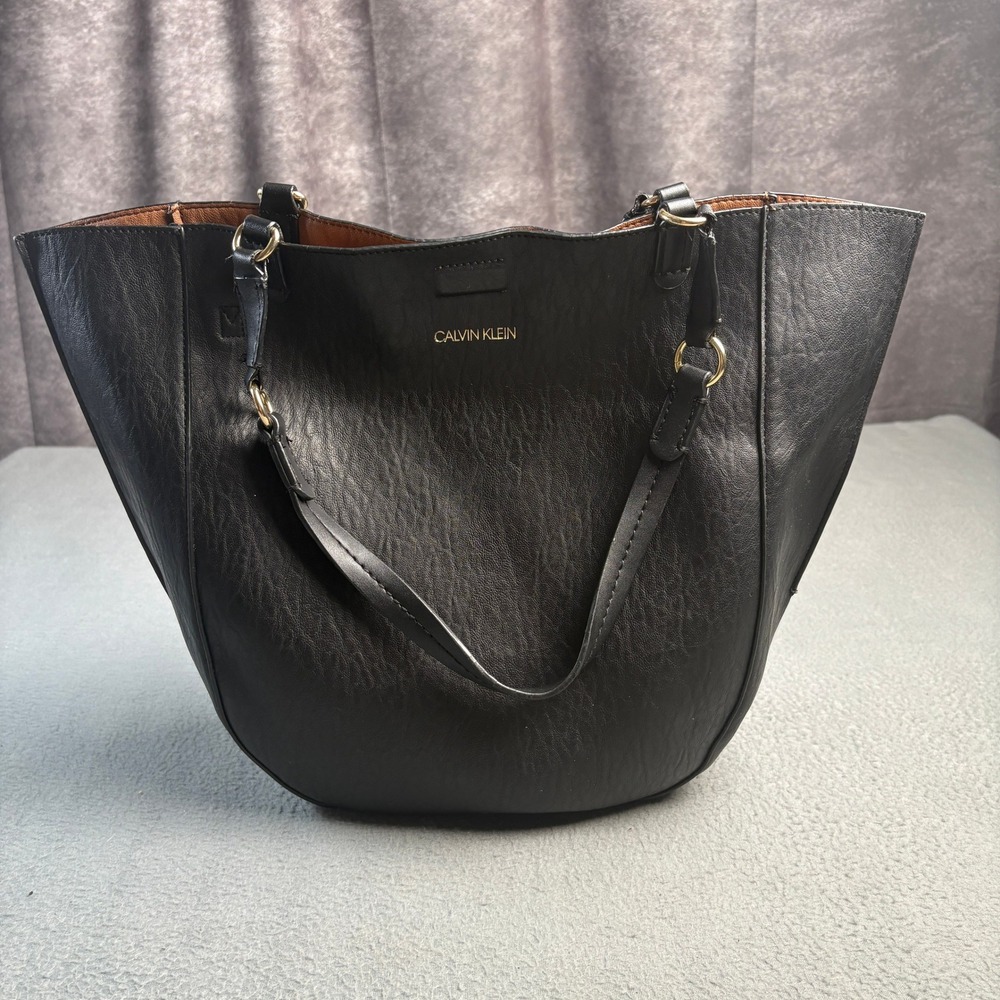 Calvin Klein Black Faux Leather Winged Tote Bag Gold Hardware Handbag